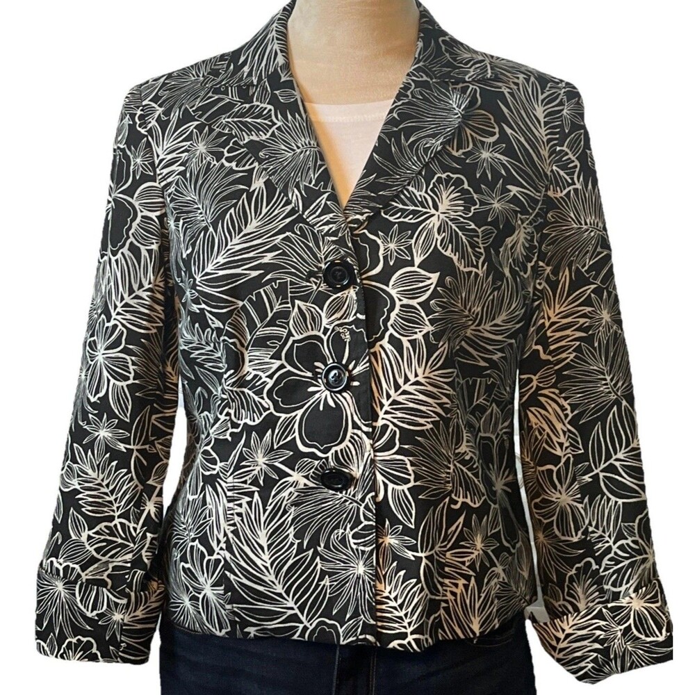 Kim Rogers Signature Petite Lined Black White Jacket 3/4 Sleeves Linen Blend 8P